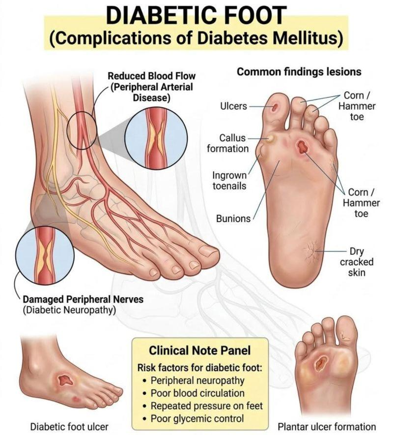 Illustration of common diabetic foot problems